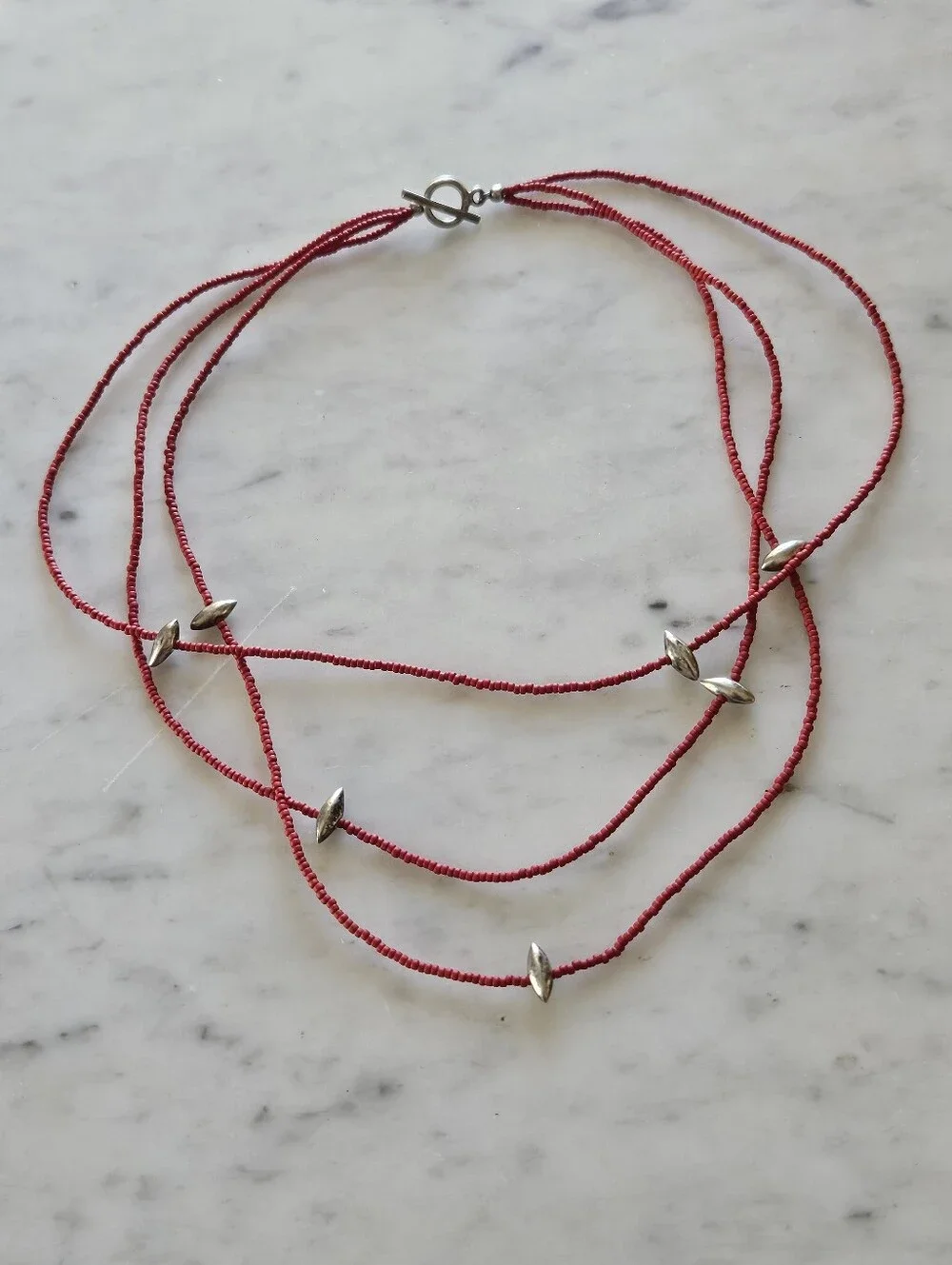 Cabo San Lucas Red Coral and Silver 3 Strand Beaded Necklace/Bracelet or Anklet